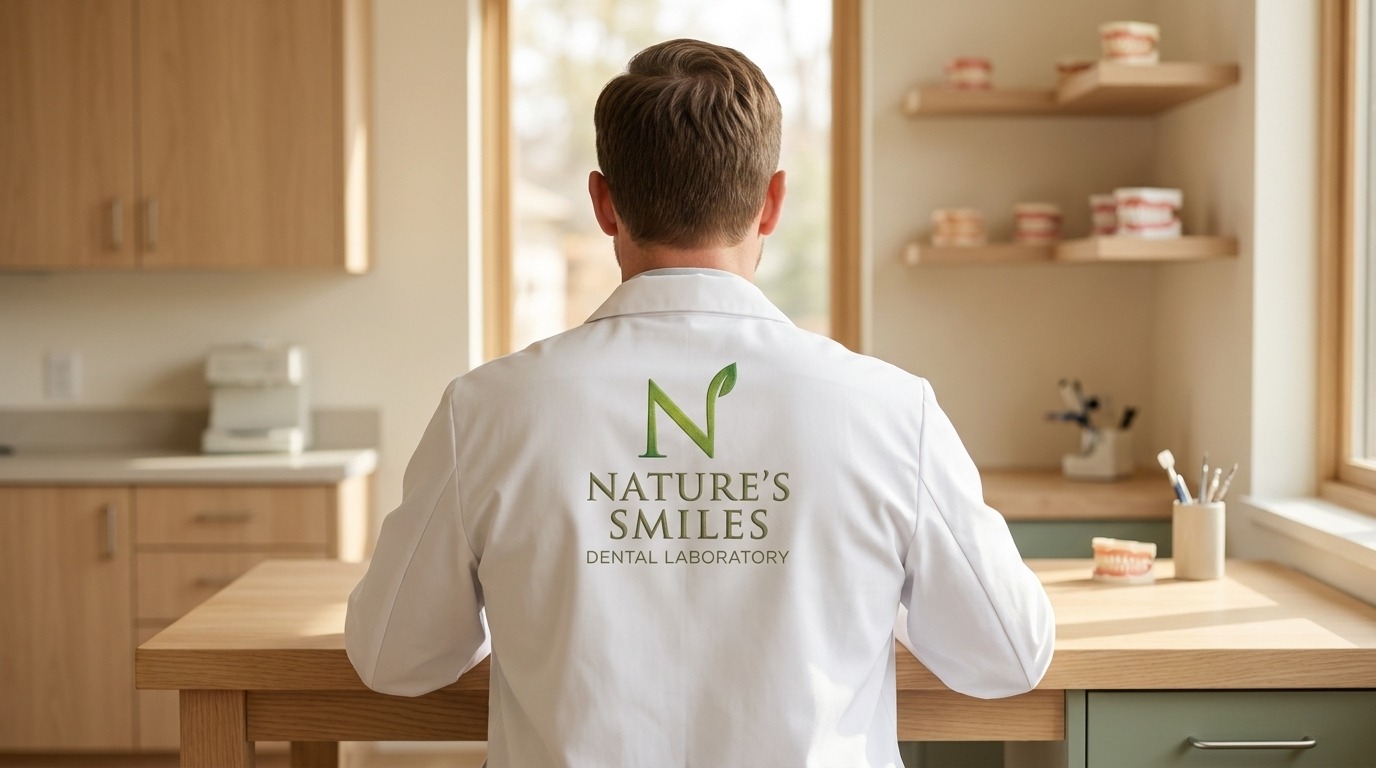 A Nature's Smiles technician in a lab coat bearing the lab's logo, working at the bench