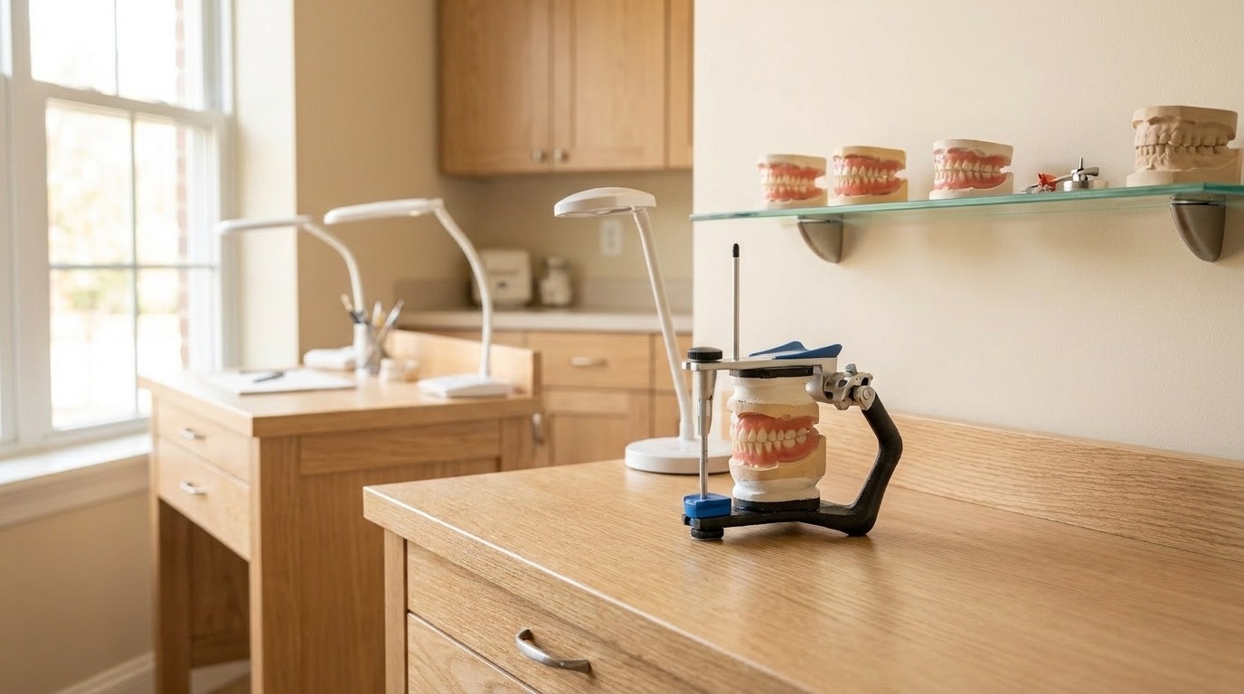 Workbenches, an articulator, and finished dentures inside the Nature's Smiles lab in Clearfield
