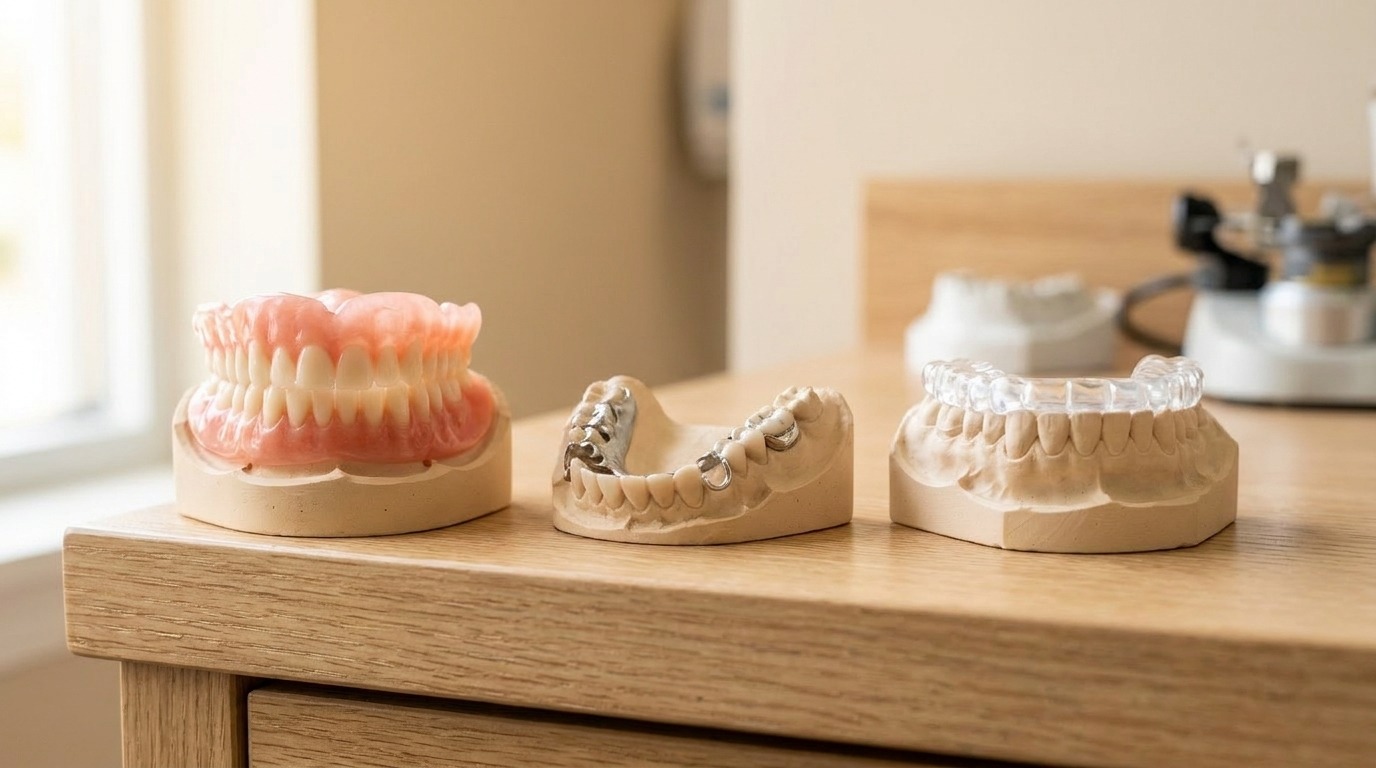 A finished full denture, cast partial, and clear night guard on stone models at the Clearfield bench