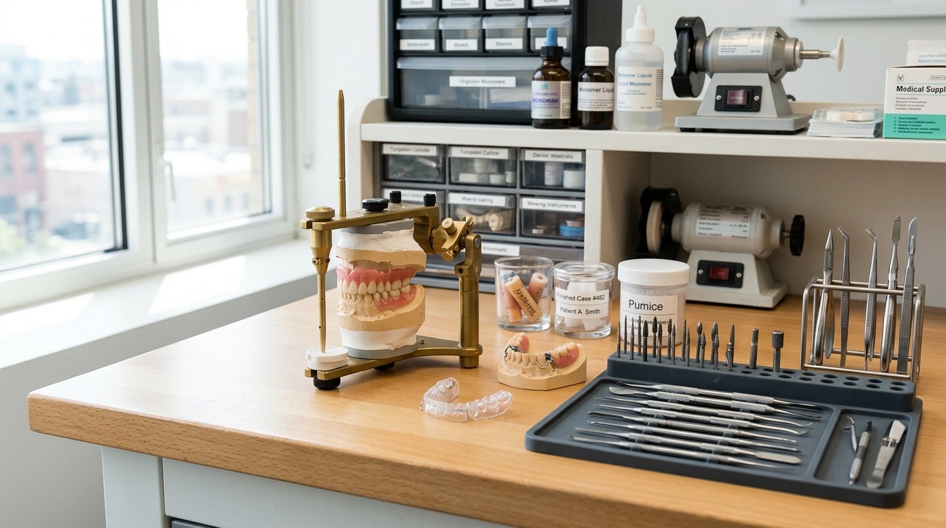 A tidy, organized dental laboratory bench